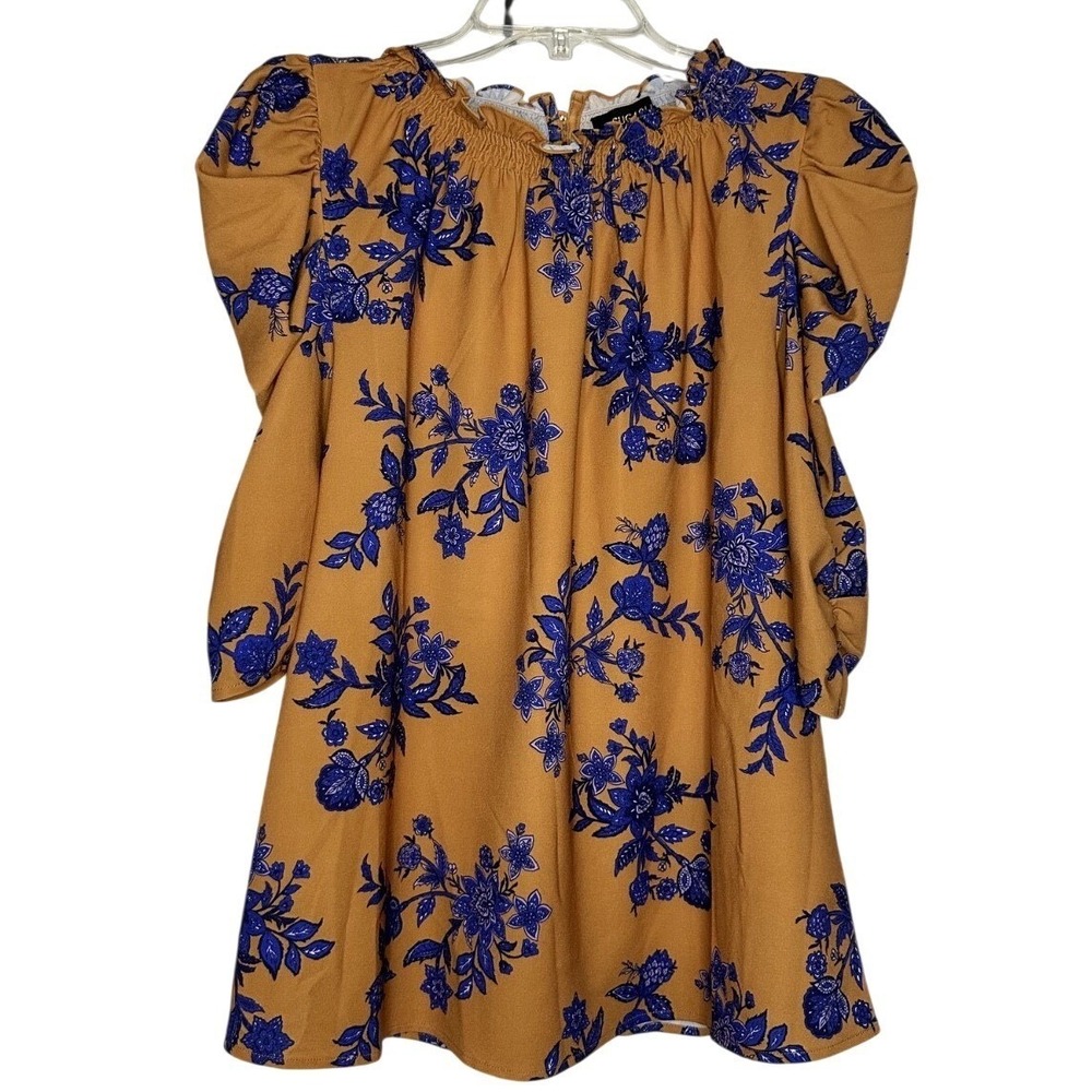 Sugar Lips Floral Boho Babydoll Blouse Mustard Blue Puff Sleeve Tunic‎ Size M